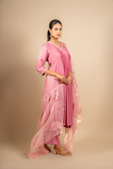 Pink Muslin silk Kali top with organza thread roses on dupatta with rayon pants