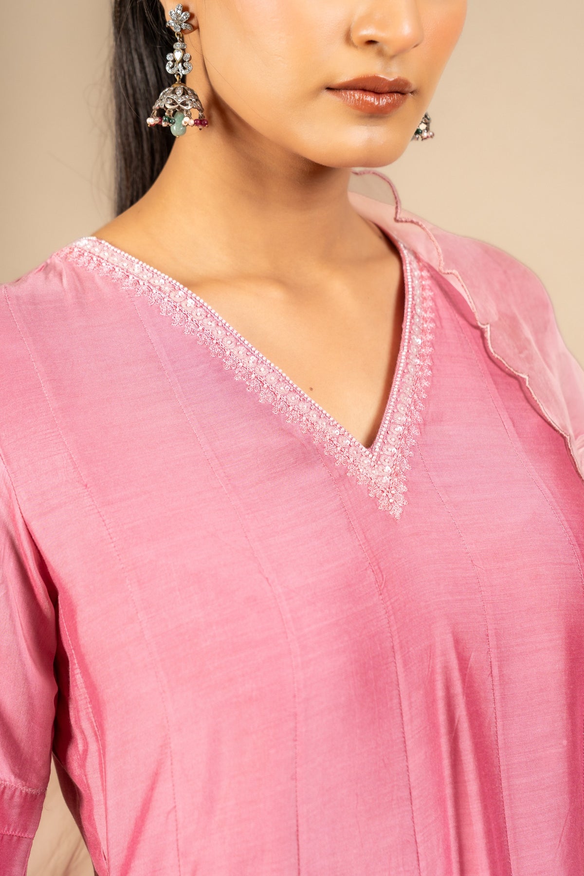 Pink Muslin silk Kali top with organza thread roses on dupatta with rayon pants
