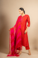 Chanderi fabric with rayon pants and chiffon tie and dye dupatta with nice thread embroidery