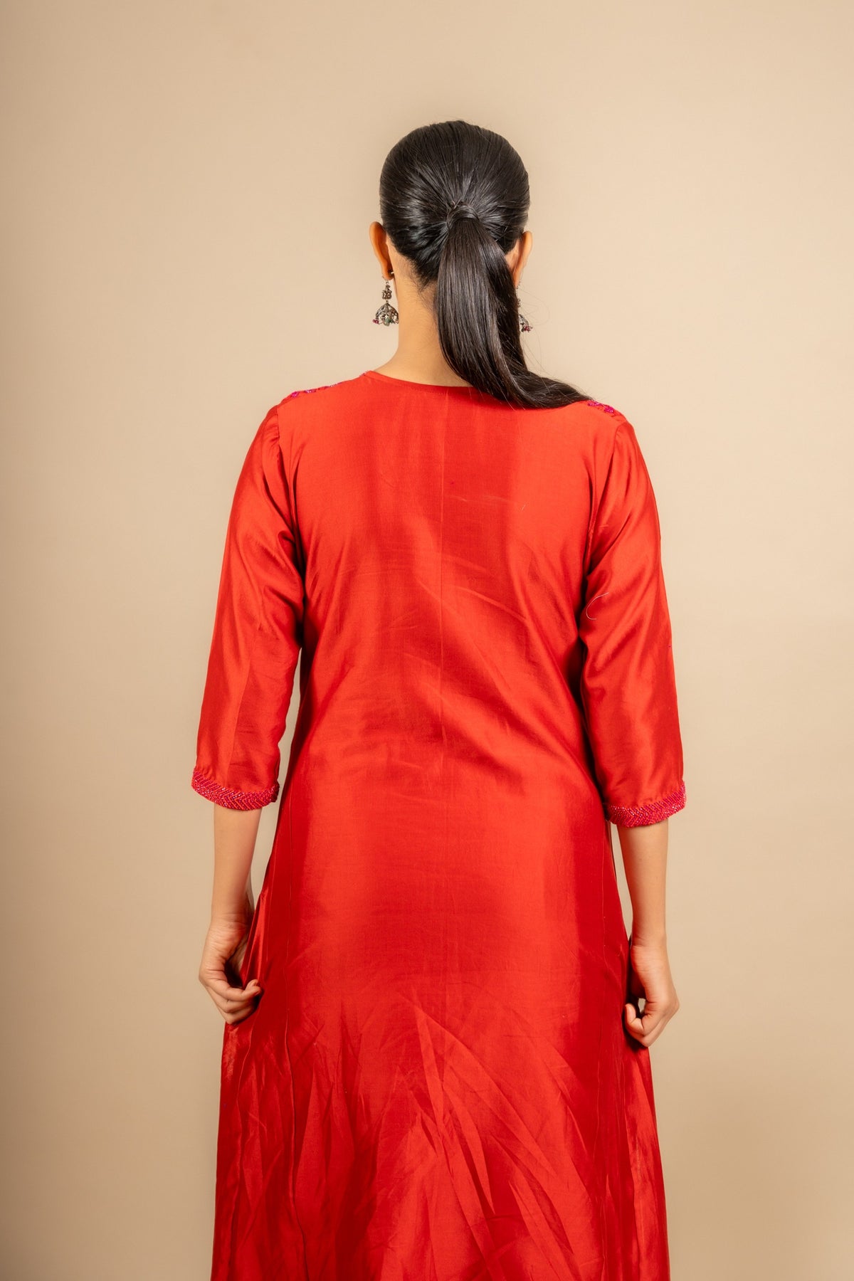 Chanderi fabric with rayon pants and chiffon tie and dye dupatta with nice thread embroidery