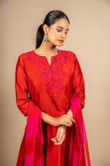 Chanderi fabric with rayon pants and chiffon tie and dye dupatta with nice thread embroidery