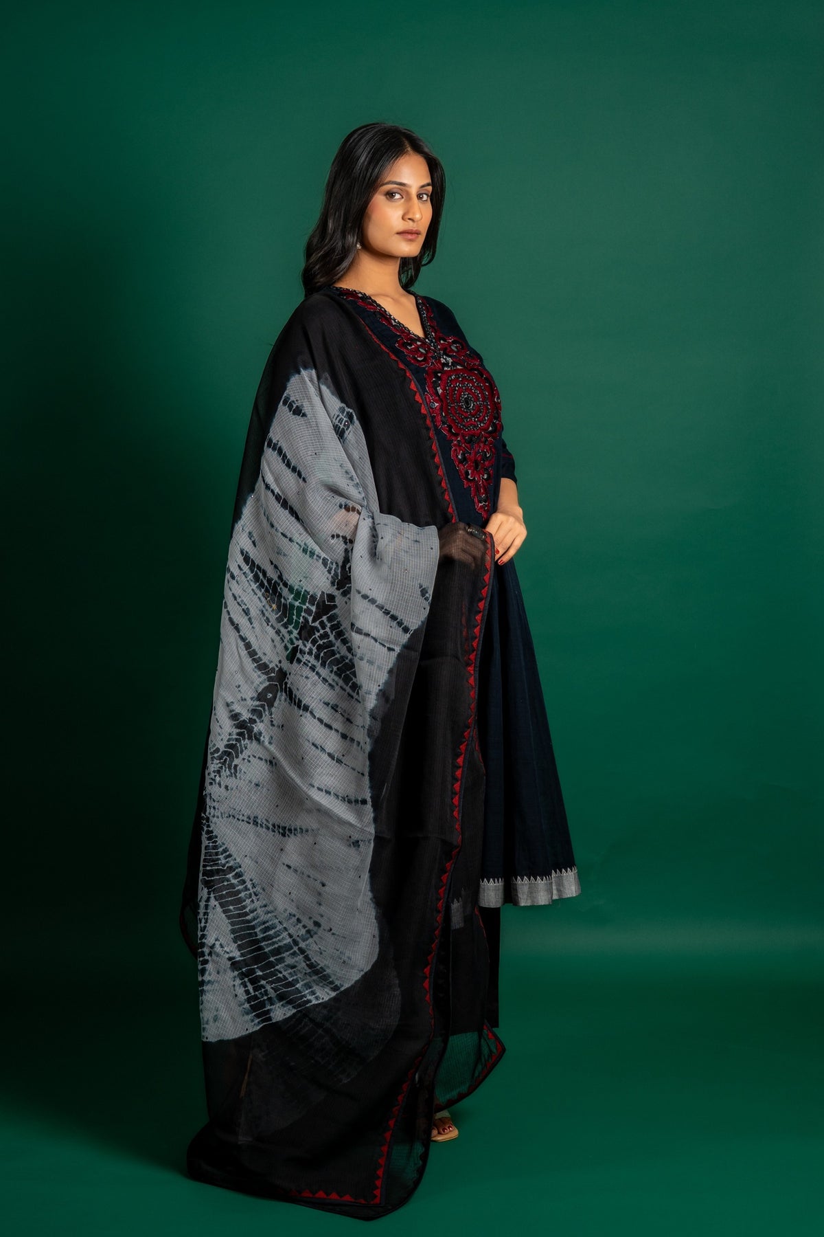 Black handloom Kali top with thread and mirror embossing work on neck, Kota dupatta combination of grey and black with maroon, with black pant