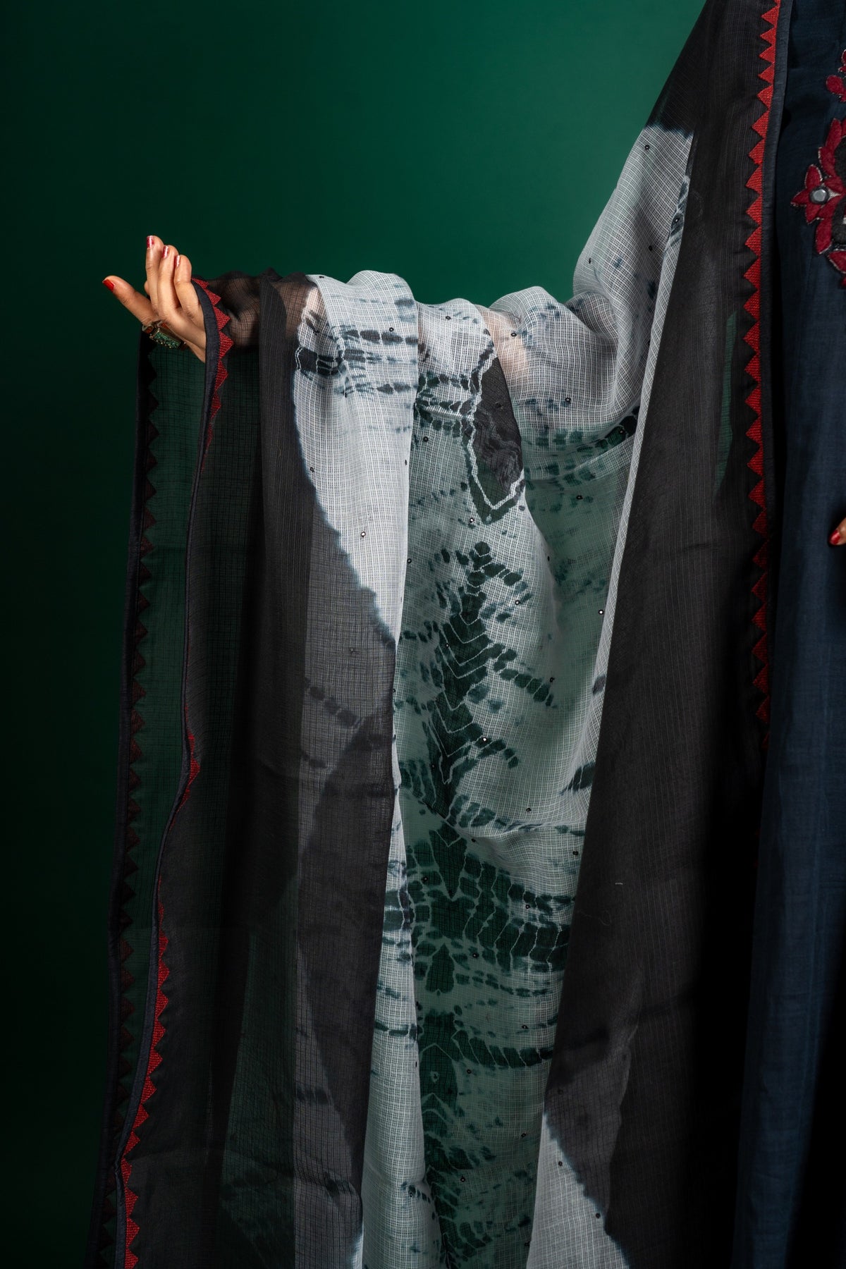 Black handloom Kali top with thread and mirror embossing work on neck, Kota dupatta combination of grey and black with maroon, with black pant