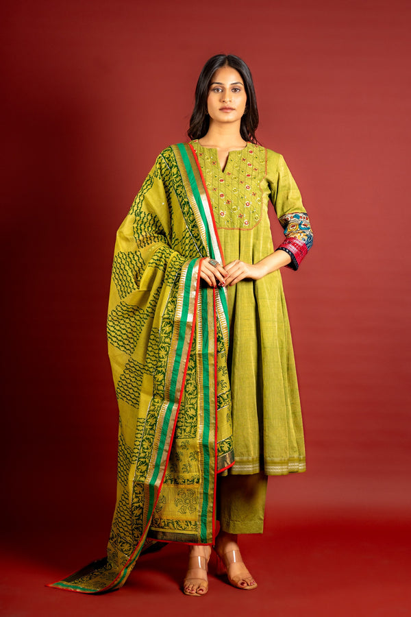 Mehndi green handloom Kali top with thread and mirror work on yoke with Maheshwari dupatta with sequin work and cotton pant