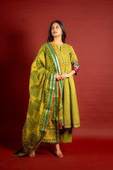 Mehndi green handloom Kali top with thread and mirror work on yoke with Maheshwari dupatta with sequin work and cotton pant