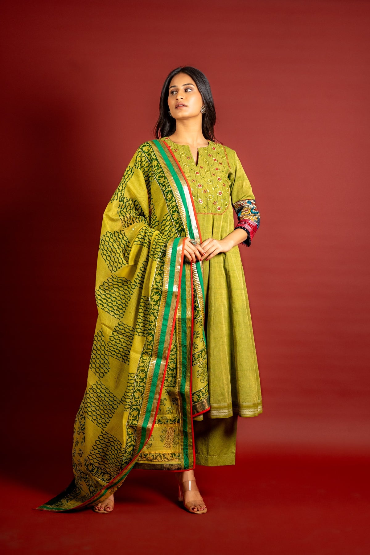 Mehndi green handloom Kali top with thread and mirror work on yoke with Maheshwari dupatta with sequin work and cotton pant
