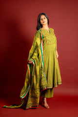Mehndi green handloom Kali top with thread and mirror work on yoke with Maheshwari dupatta with sequin work and cotton pant