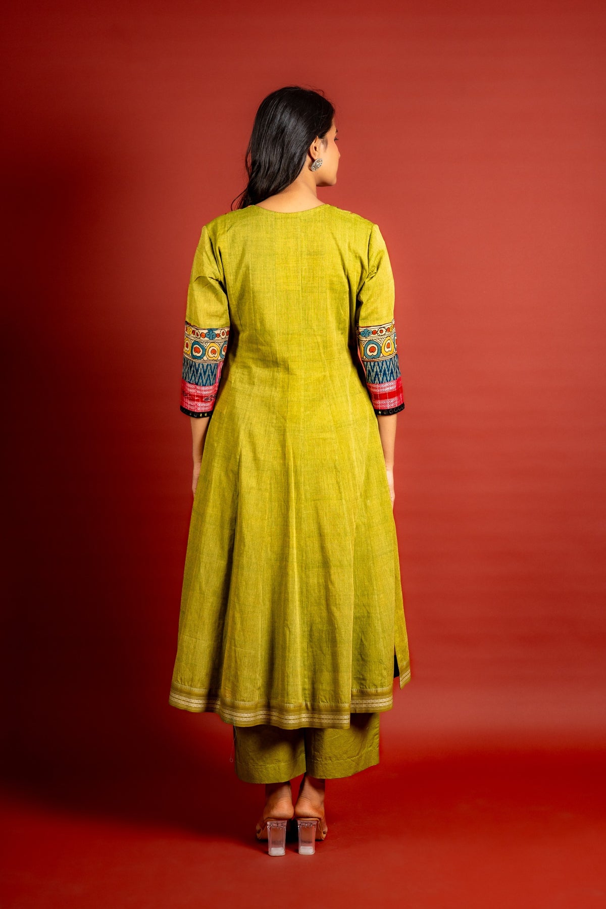Mehndi green handloom Kali top with thread and mirror work on yoke with Maheshwari dupatta with sequin work and cotton pant