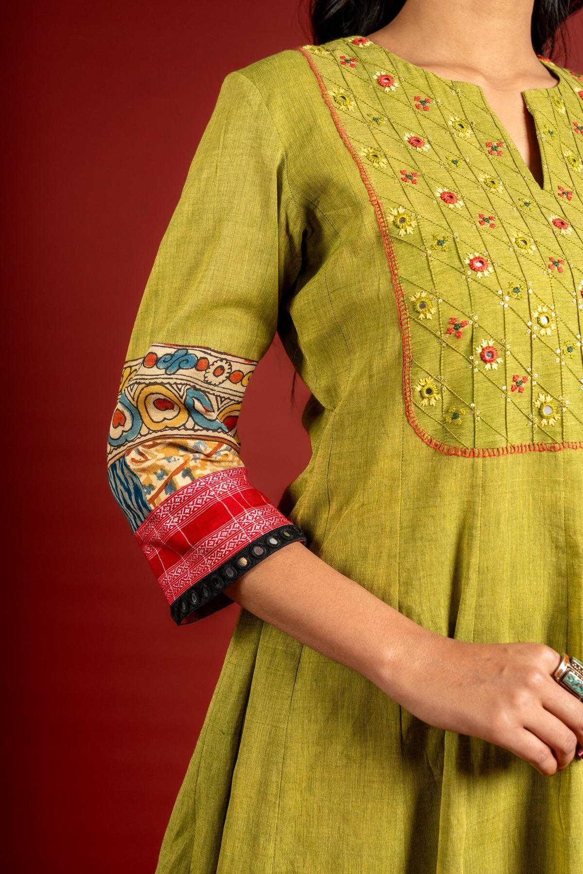 Mehndi green handloom Kali top with thread and mirror work on yoke with Maheshwari dupatta with sequin work and cotton pant