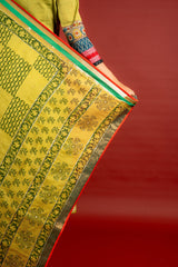 Mehndi green handloom Kali top with thread and mirror work on yoke with Maheshwari dupatta with sequin work and cotton pant