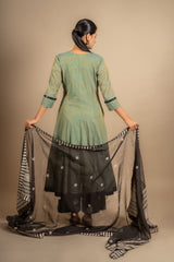 Green with black handloom Kali top mirror and sequin work on yoke with black Kota dupatta with thread work, cotton pant
