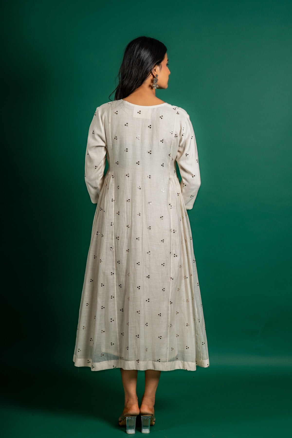 Off white Chanderi cotton panel frock with Mukesh work and centre panel patch work