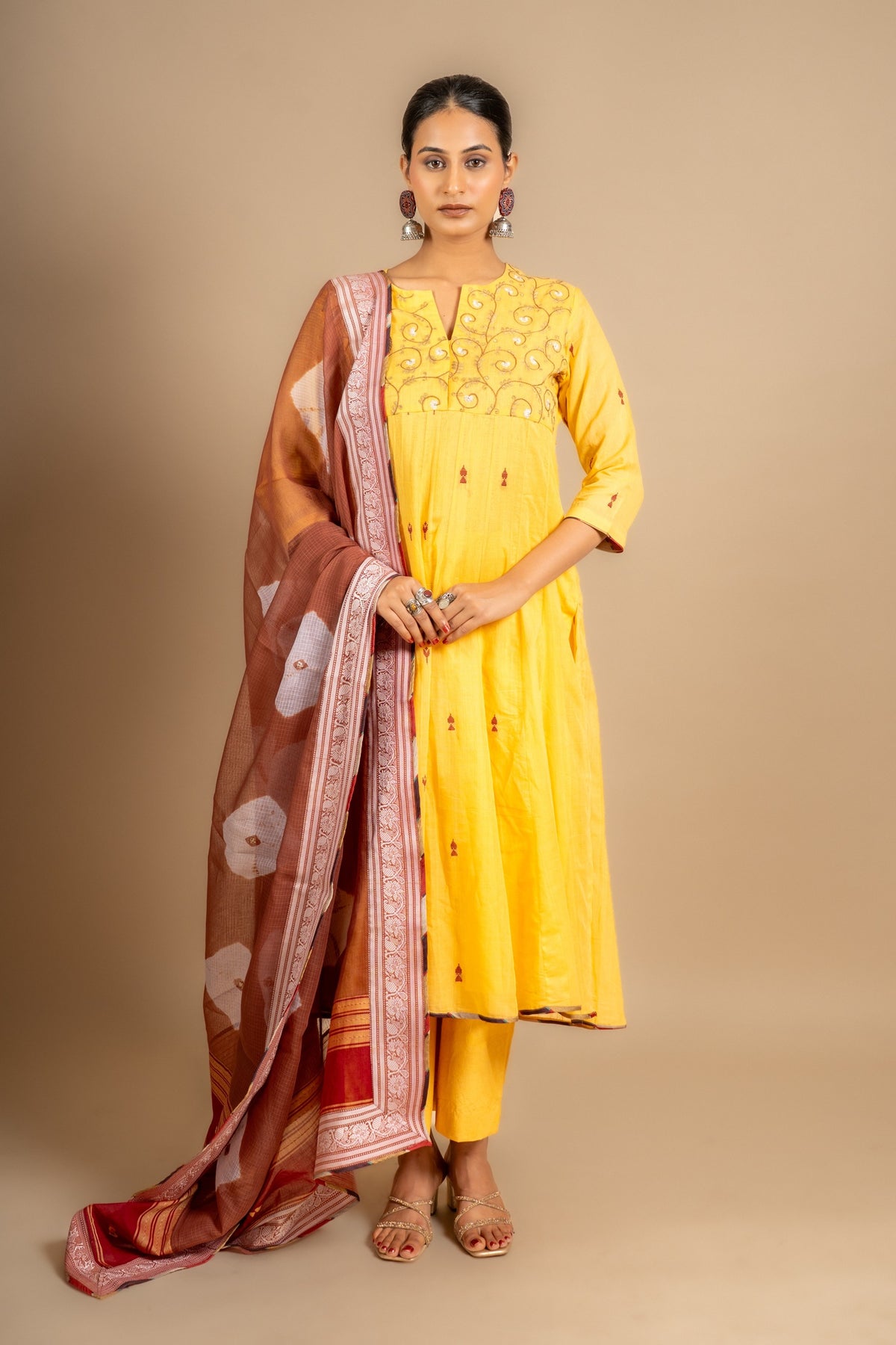 Yellow with maroon buti handloom Kali top thread work, rust Kota dupatta with tie and dye cotton pant