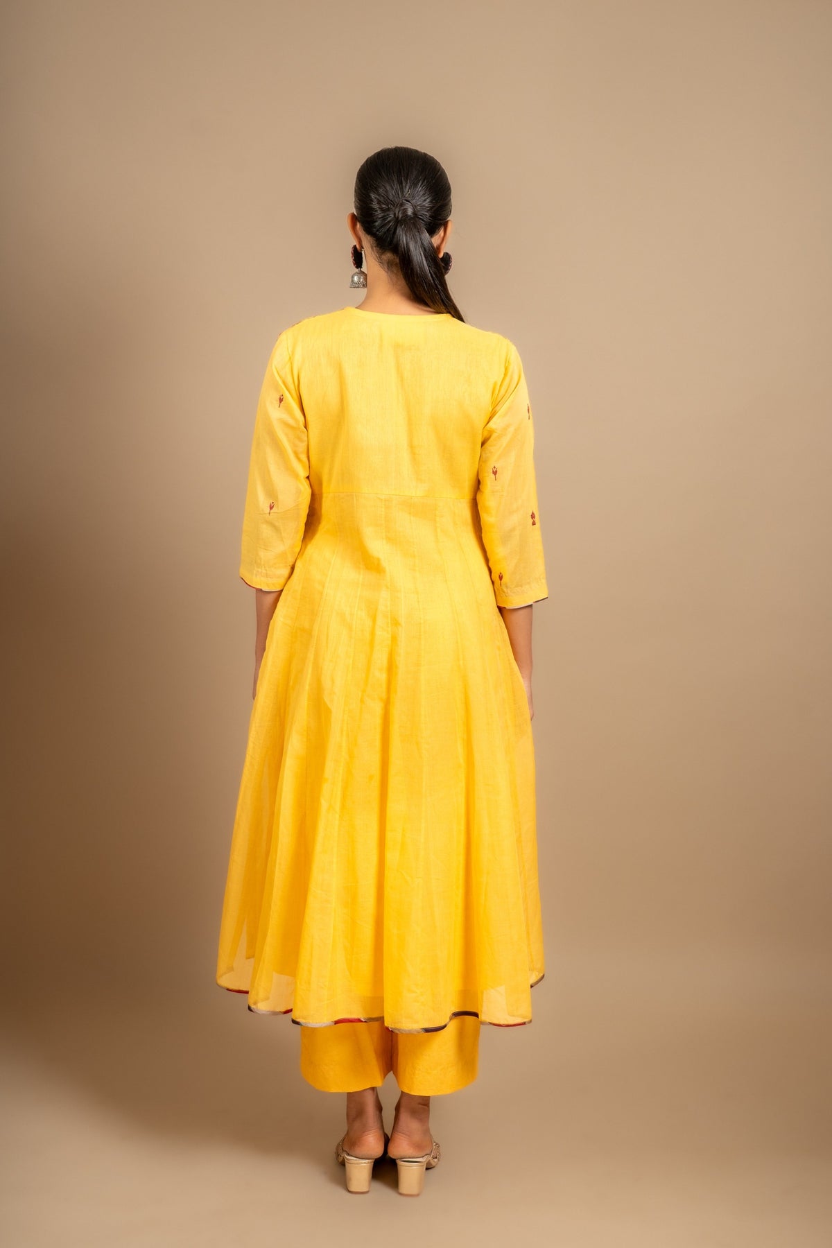 Yellow with maroon buti handloom Kali top thread work, rust Kota dupatta with tie and dye cotton pant