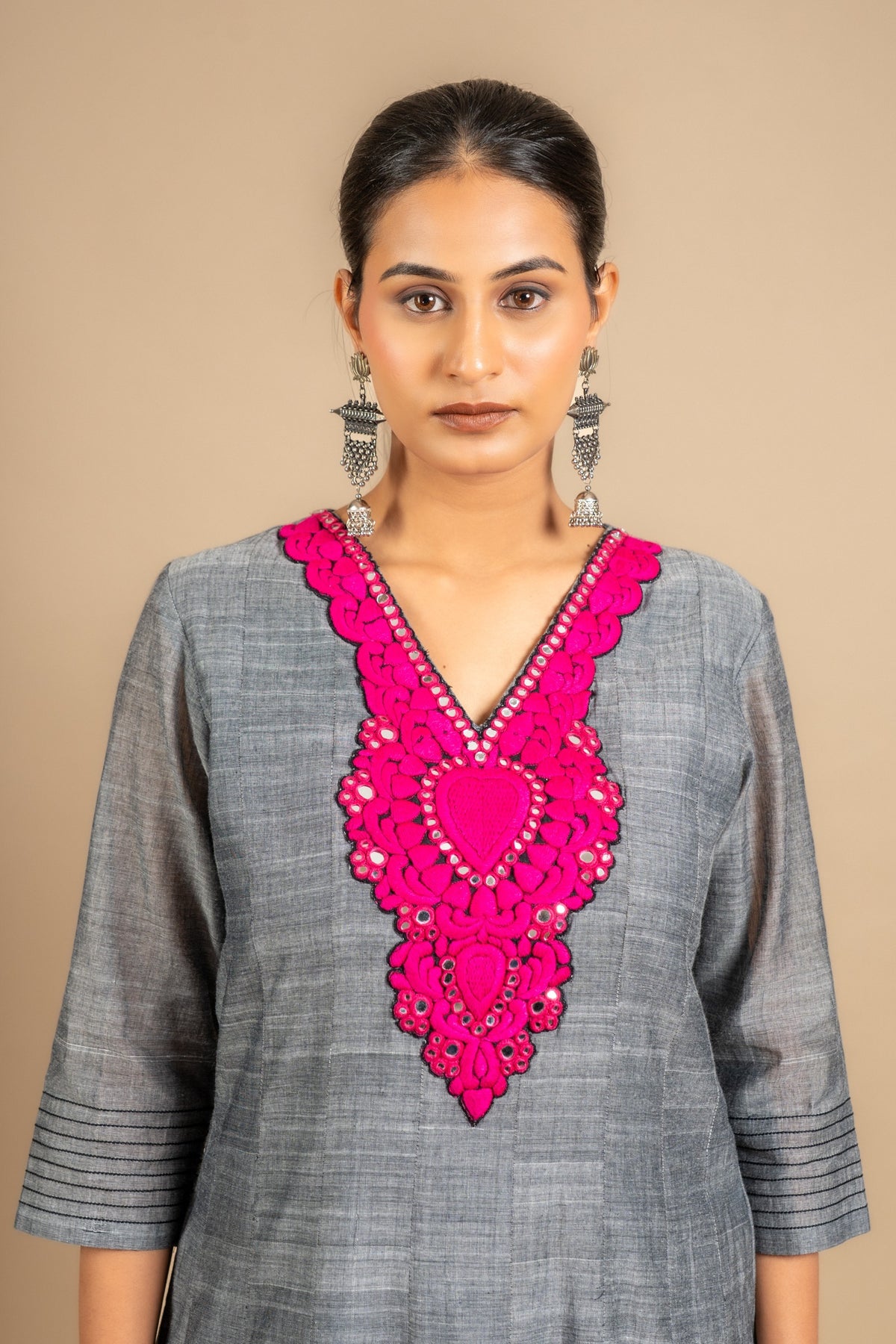 Grey handloom Kali top with pink thread and mirror embossing work with cotton pant