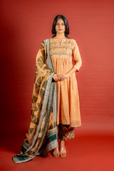 Handloom Kali top with thread and mirror work, tie and dye Kota dupatta with mirror, cotton pant