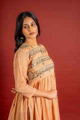 Handloom Kali top with thread and mirror work, tie and dye Kota dupatta with mirror, cotton pant