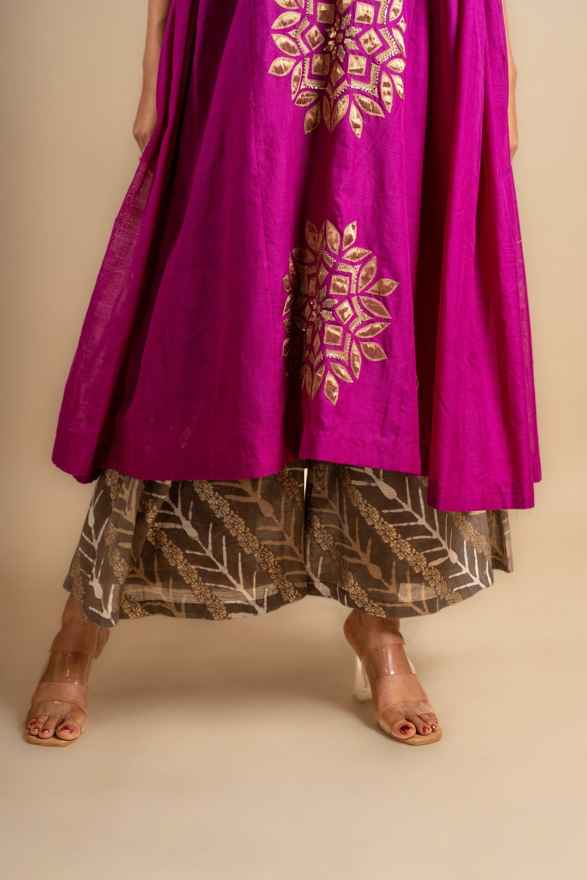 Purple handloom panel top with patch work with sequin work on centre panel with printed zari Chanderi pant