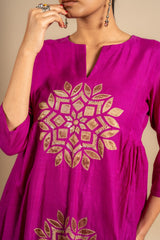 Purple handloom panel top with patch work with sequin work on centre panel with printed zari Chanderi pant