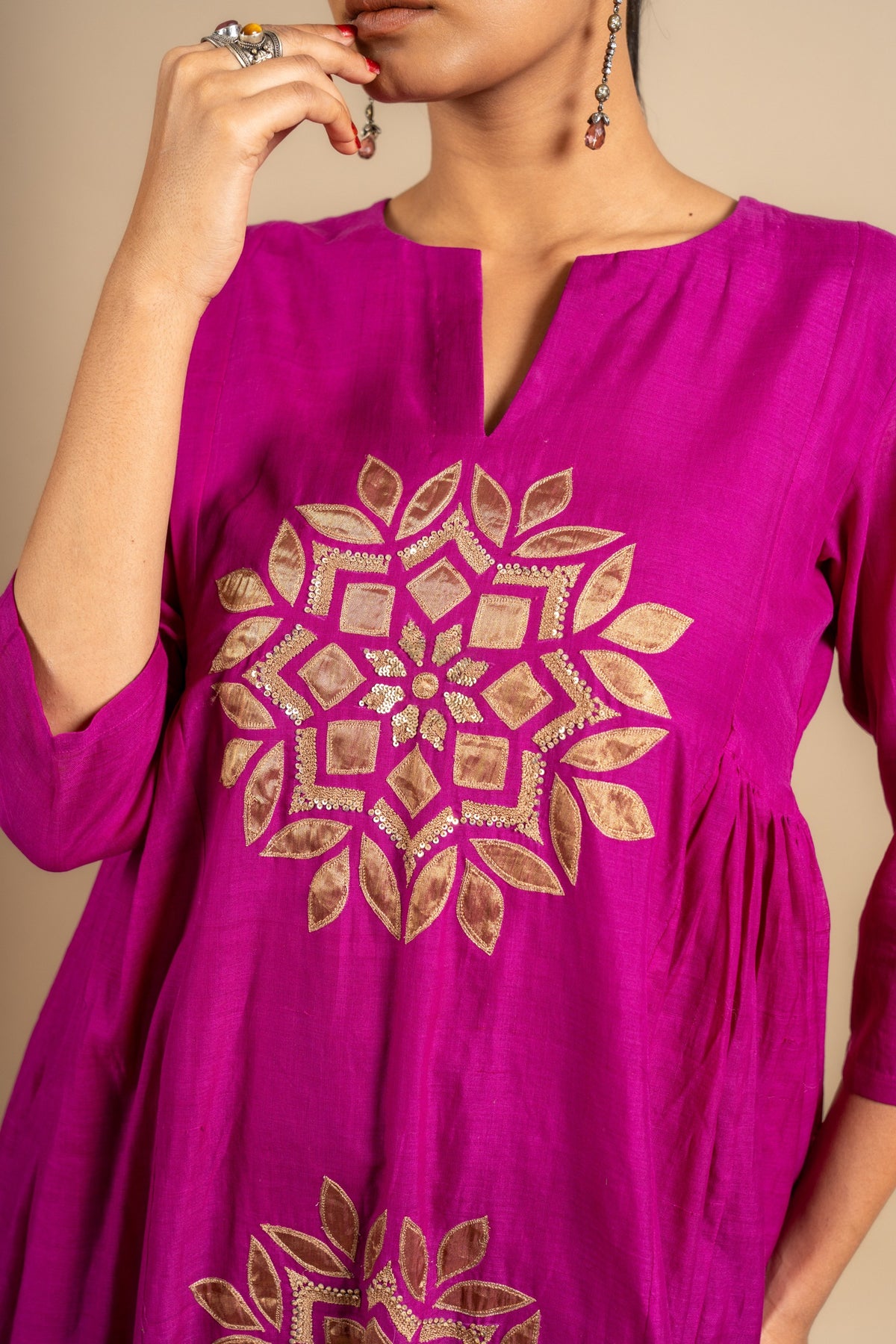 Purple handloom panel top with patch work with sequin work on centre panel with printed zari Chanderi pant