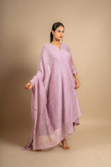 Mauve Chanderi cotton A-line top with thread work and rayon pant, same shade Chanderi cotton dupatta with work