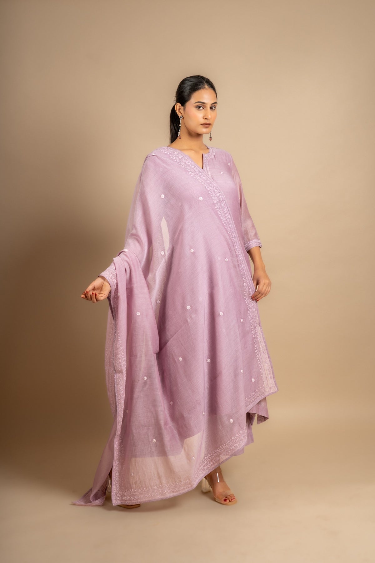 Mauve Chanderi cotton A-line top with thread work and rayon pant, same shade Chanderi cotton dupatta with work