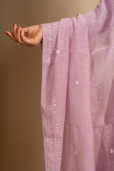 Mauve Chanderi cotton A-line top with thread work and rayon pant, same shade Chanderi cotton dupatta with work