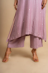 Mauve Chanderi cotton A-line top with thread work and rayon pant, same shade Chanderi cotton dupatta with work
