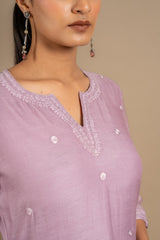 Mauve Chanderi cotton A-line top with thread work and rayon pant, same shade Chanderi cotton dupatta with work