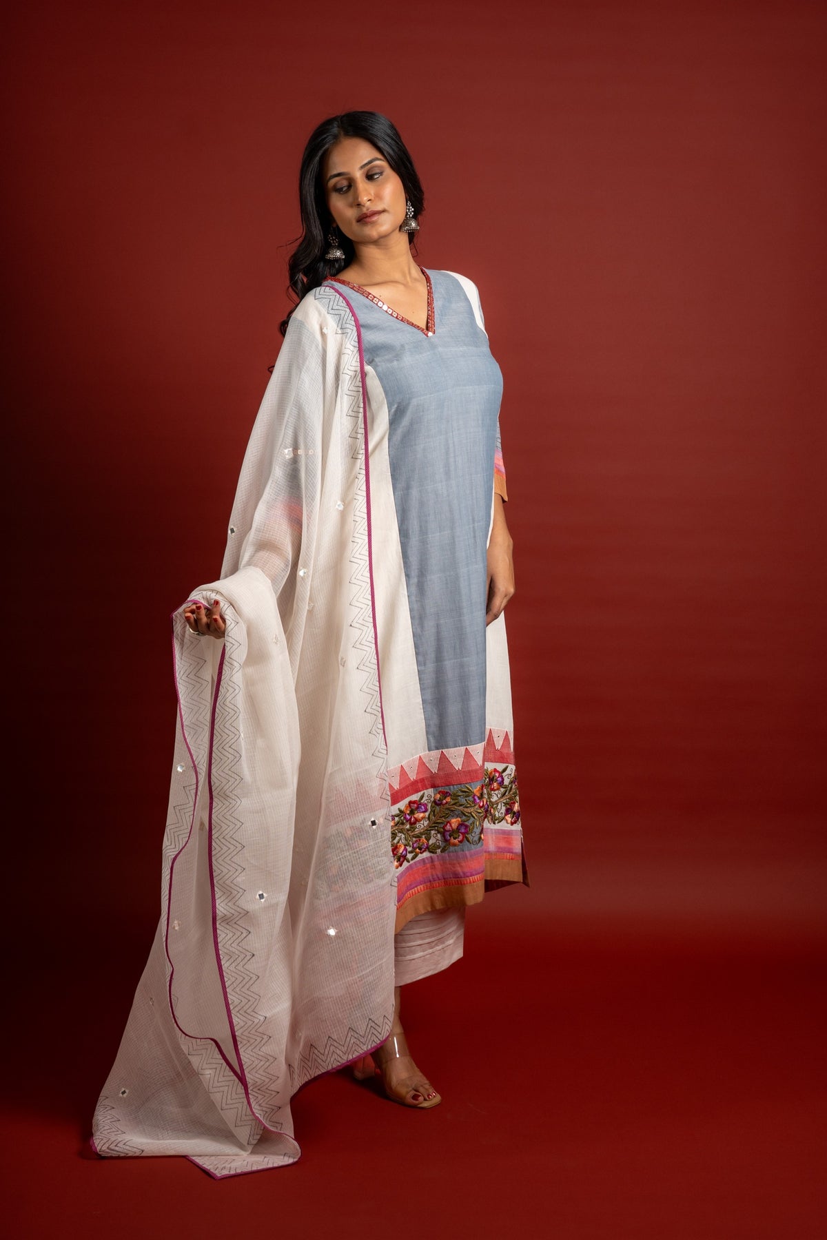 Grey with white panel A-line top with thread work on Daman with Kota dupatta with mirror work with cotton pant
