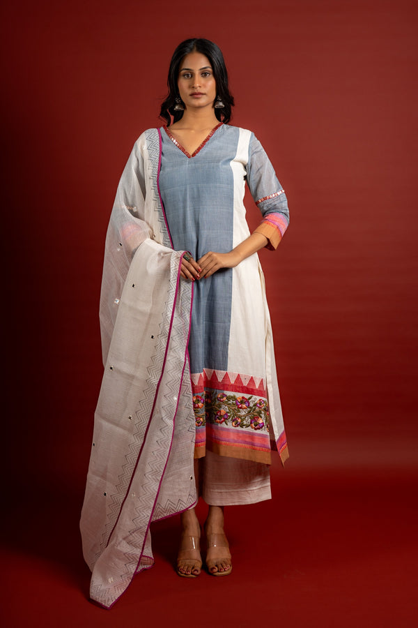Grey with white panel A-line top with thread work on Daman with Kota dupatta with mirror work with cotton pant