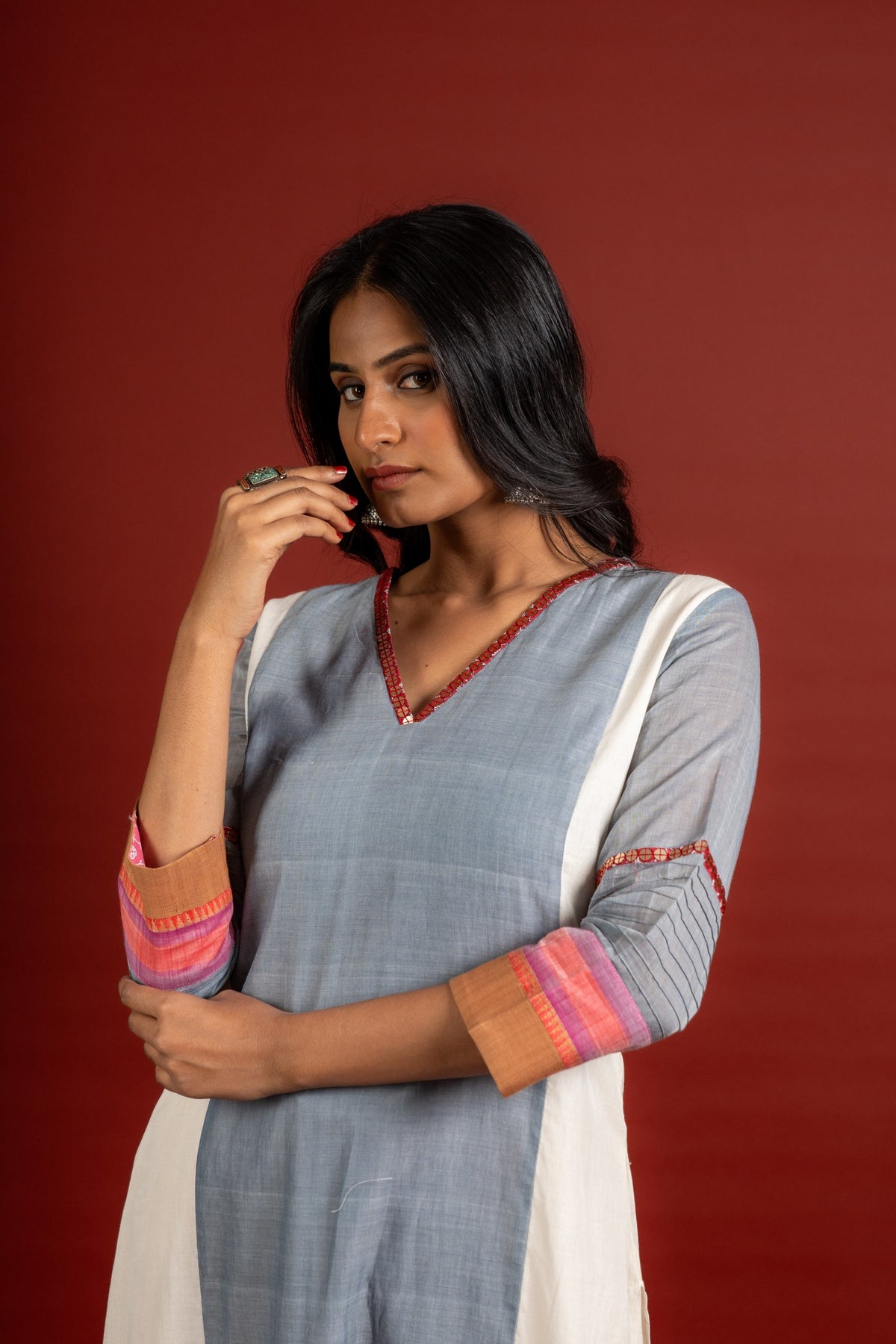 Grey with white panel A-line top with thread work on Daman with Kota dupatta with mirror work with cotton pant