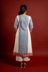 Grey with white panel A-line top with thread work on Daman with Kota dupatta with mirror work with cotton pant