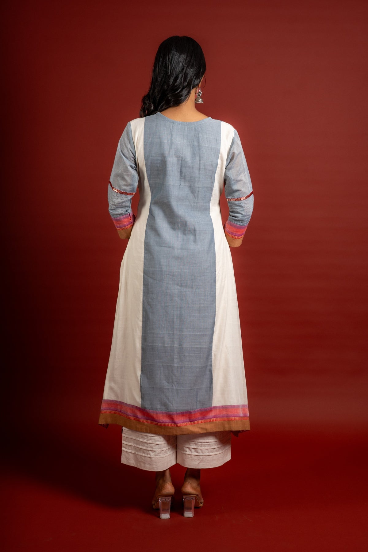 Grey with white panel A-line top with thread work on Daman with Kota dupatta with mirror work with cotton pant