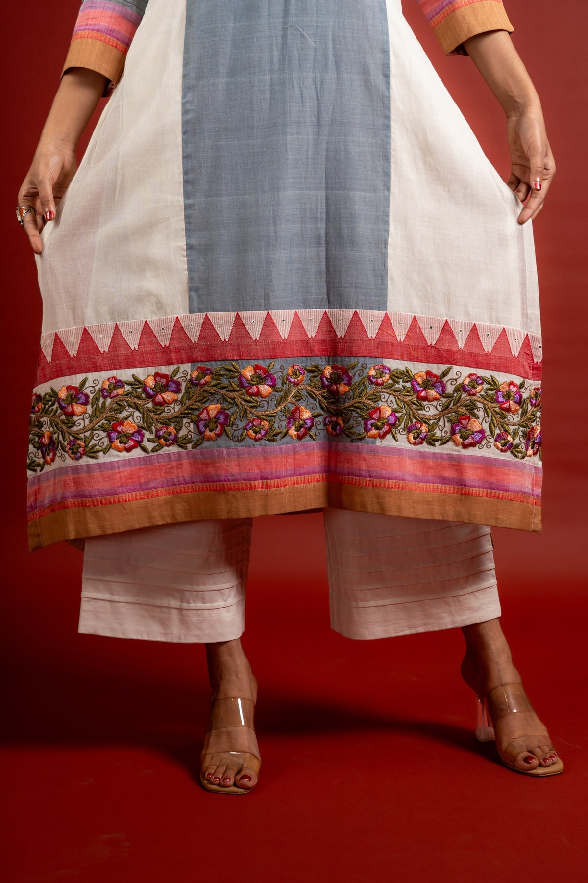 Grey with white panel A-line top with thread work on Daman with Kota dupatta with mirror work with cotton pant