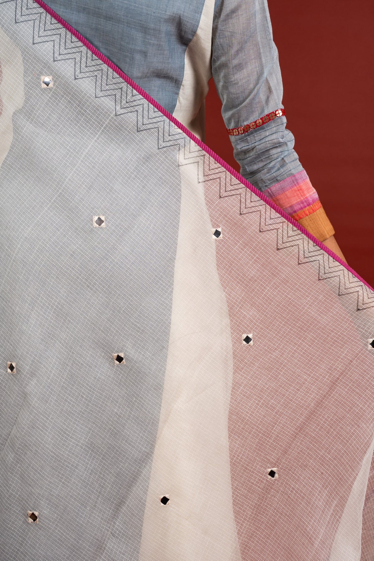 Grey with white panel A-line top with thread work on Daman with Kota dupatta with mirror work with cotton pant