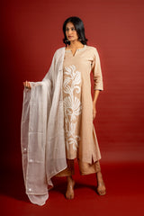 Handloom A-line top with patch work and mirror line on the neck with Kota dupatta with mirror work with cotton pant