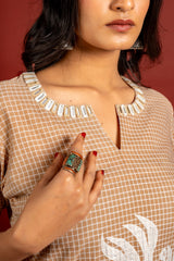 Handloom A-line top with patch work and mirror line on the neck with Kota dupatta with mirror work with cotton pant
