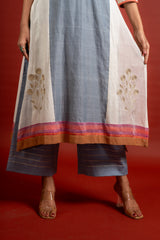Grey and off white panel handloom top with Gota lace work on yoke in Daman zari pita work and grey Kota dupatta with work and cotton pant