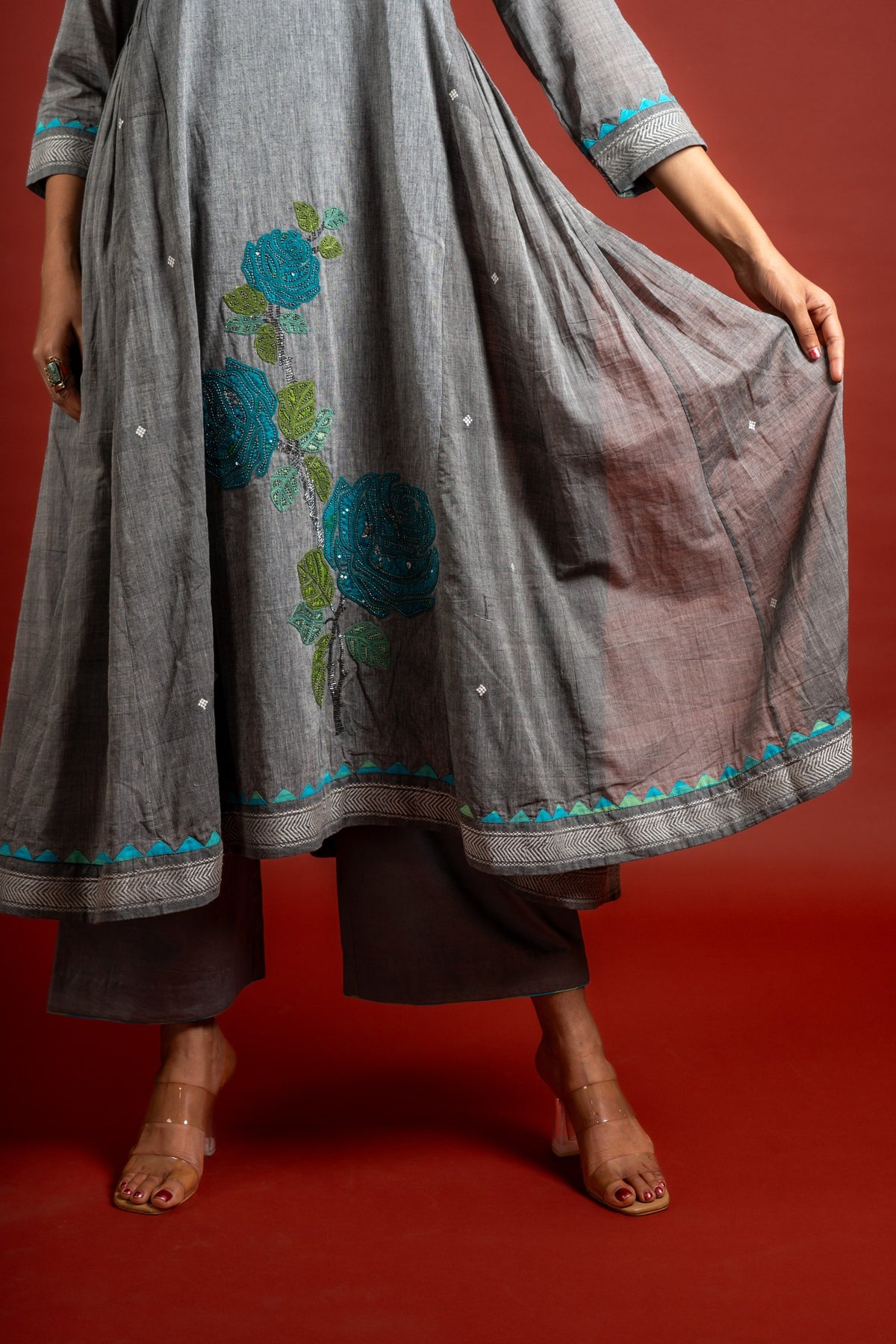 Grey panel with Kali handloom top with patch work and highlighted with sequin and beads, tie and dye Kota dupatta and cotton pant