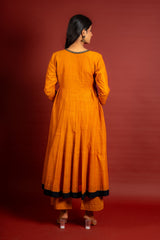 Saffron shade handloom Kali top with kalamkari with tiny mirror work, delicate zari work on neck with Maheshwari dupatta and pant