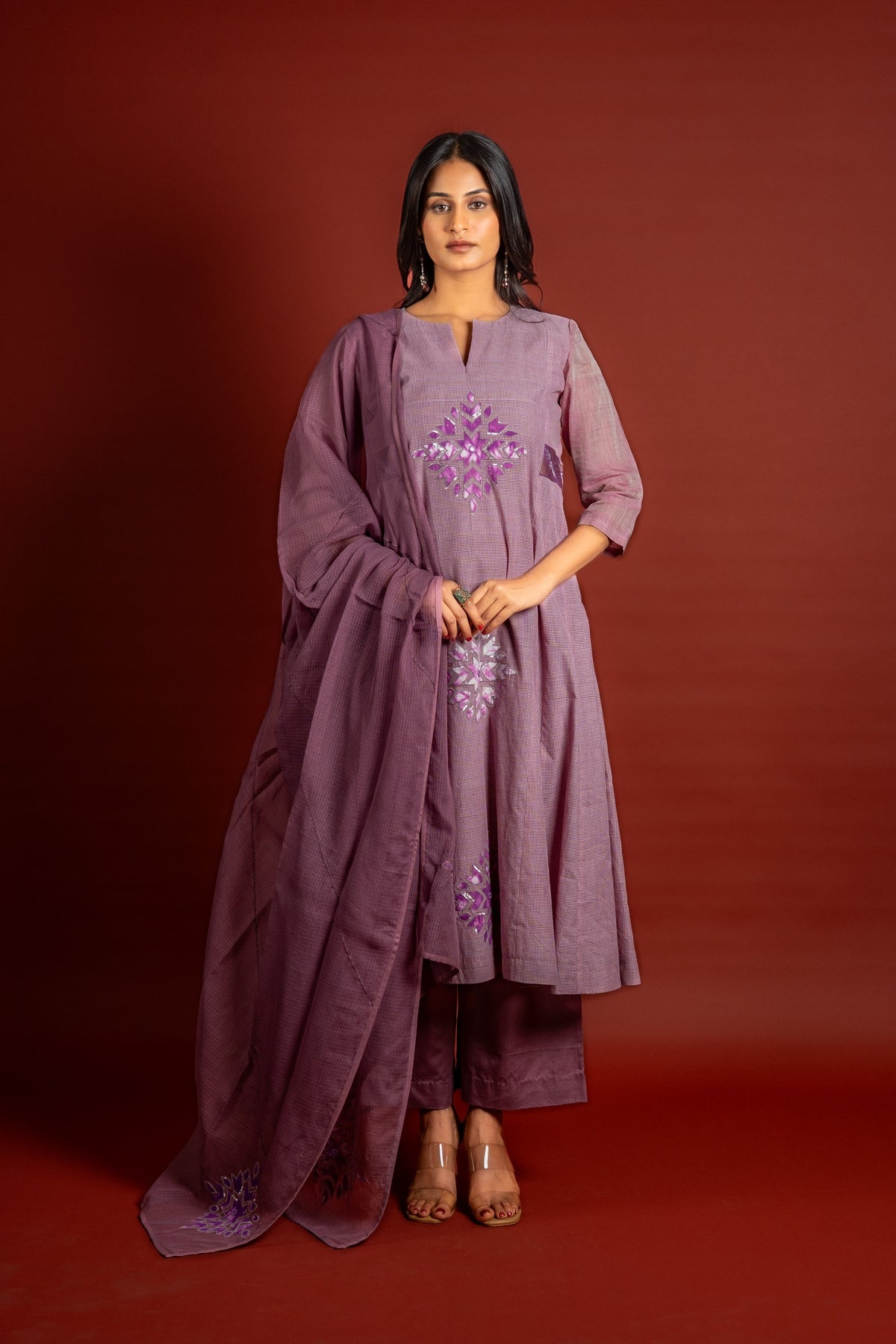 Lavender small checks handloom panel top with patch work on centre panel with same colour Kota dupatta with work and pant