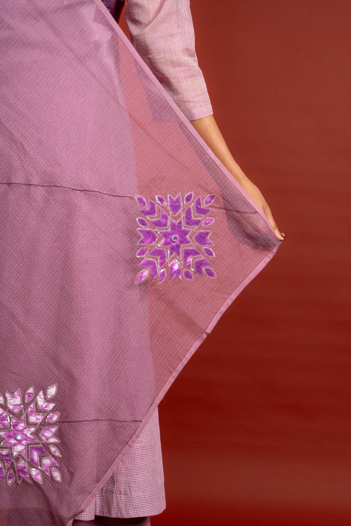 Lavender small checks handloom panel top with patch work on centre panel with same colour Kota dupatta with work and pant