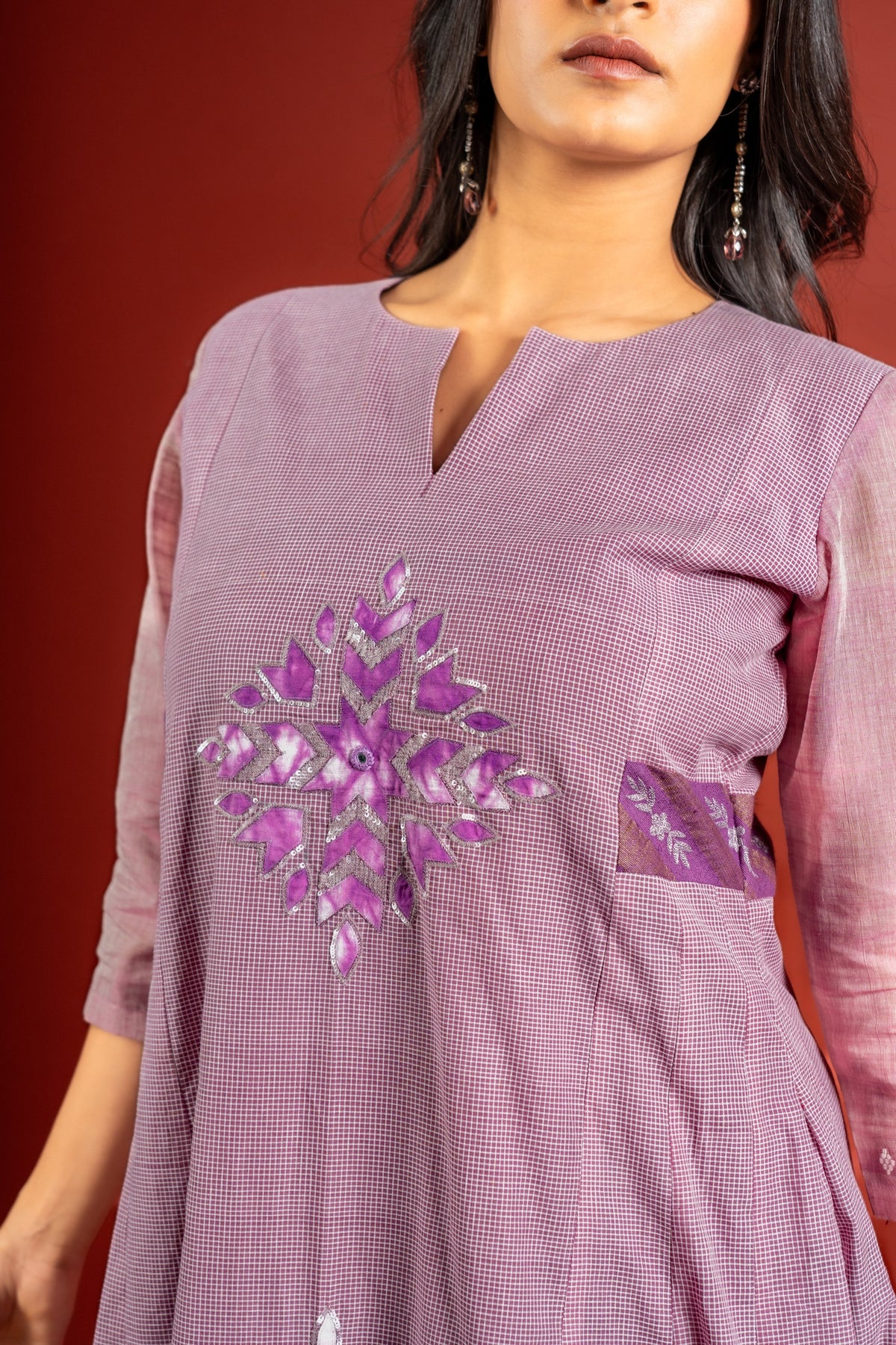 Lavender small checks handloom panel top with patch work on centre panel with same colour Kota dupatta with work and pant