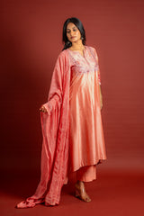 Peach Chanderi silk A-line top with thread and mirror work on yoke with Chanderi dupatta and rayon pant