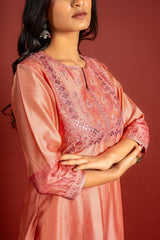 Peach Chanderi silk A-line top with thread and mirror work on yoke with Chanderi dupatta and rayon pant