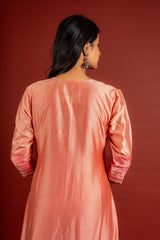 Peach Chanderi silk A-line top with thread and mirror work on yoke with Chanderi dupatta and rayon pant