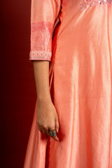 Peach Chanderi silk A-line top with thread and mirror work on yoke with Chanderi dupatta and rayon pant