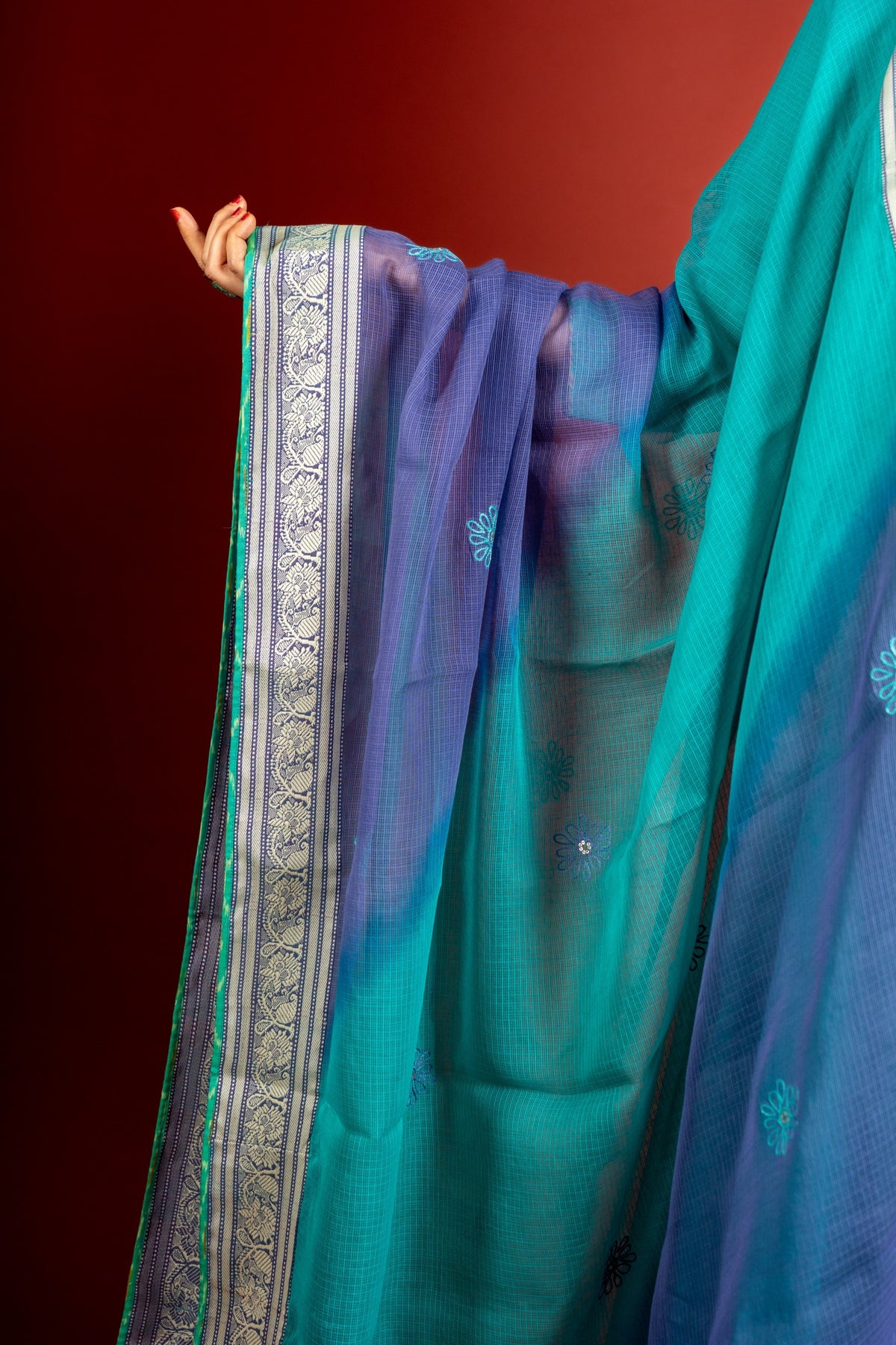 Vibrant turquoise blue kali handloom top, multicolour thread embroidery with mirror work on yoke and tie and dye shaded dupatta with work and self colour pant