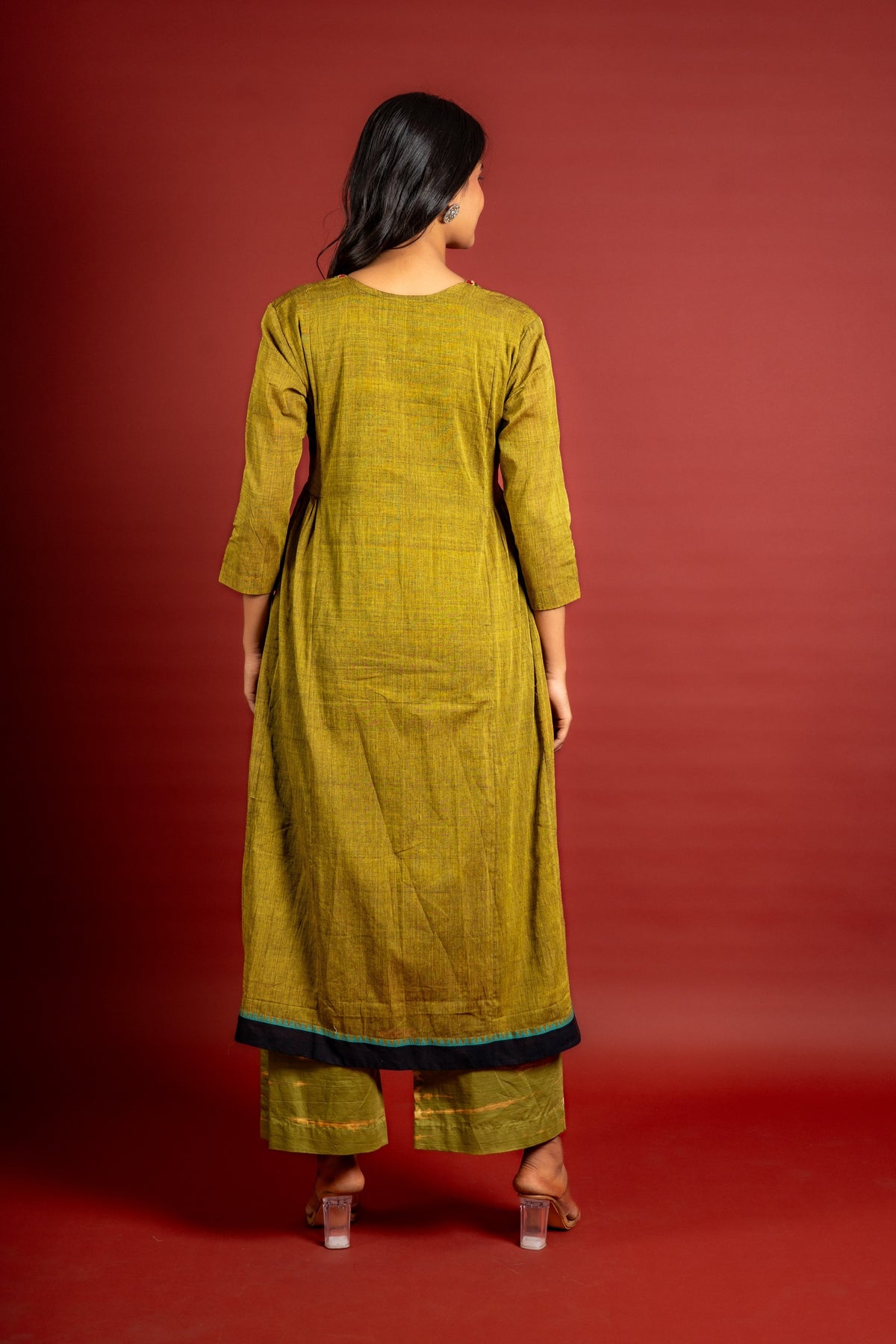 Mehendi green handloom panel with side gather top with thread and mirror work on neck with cotton tie and dye pant